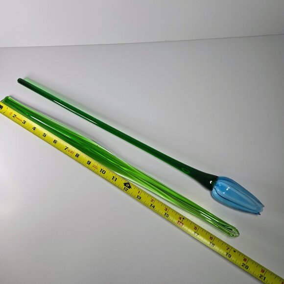 Art Glass Hand Blown Flower Blue Long Green Stem Flower With Leaf Stem Read - Picture 3 of 16